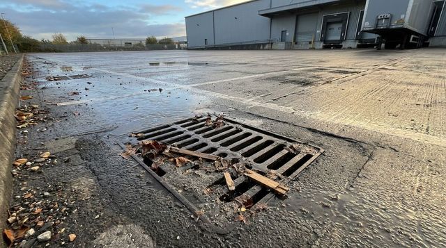 Rainwater and leaf debris gathering around a closed gully in a UK warehouse service yard