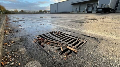 Rainwater and leaf debris gathering around a closed gully in a UK warehouse service yard