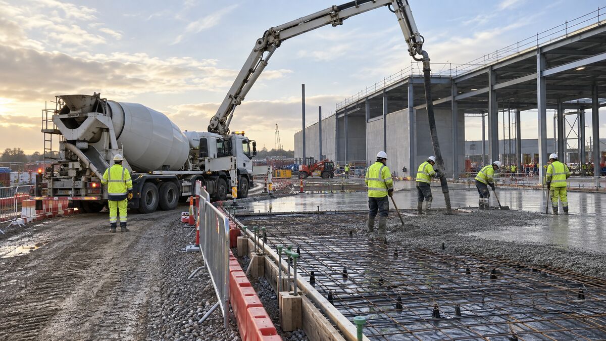 Concrete pump and mixer wagon serve an industrial floor pour with workers finishing the slab