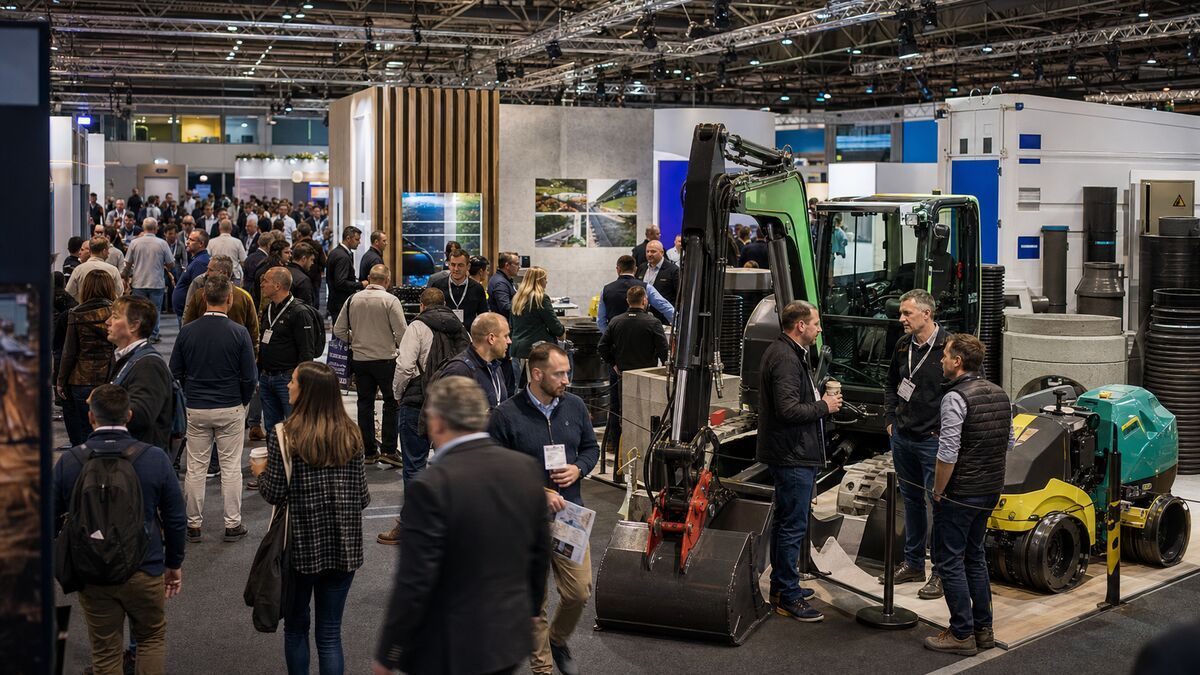 Visitors and construction plant inside a UK equipment trade exhibition
