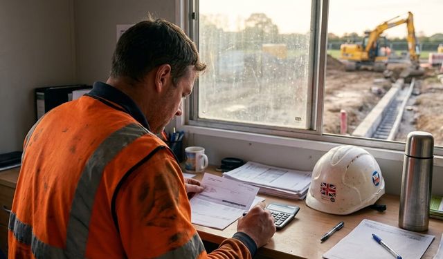 Pay slip and calculator on a construction site cabin desk