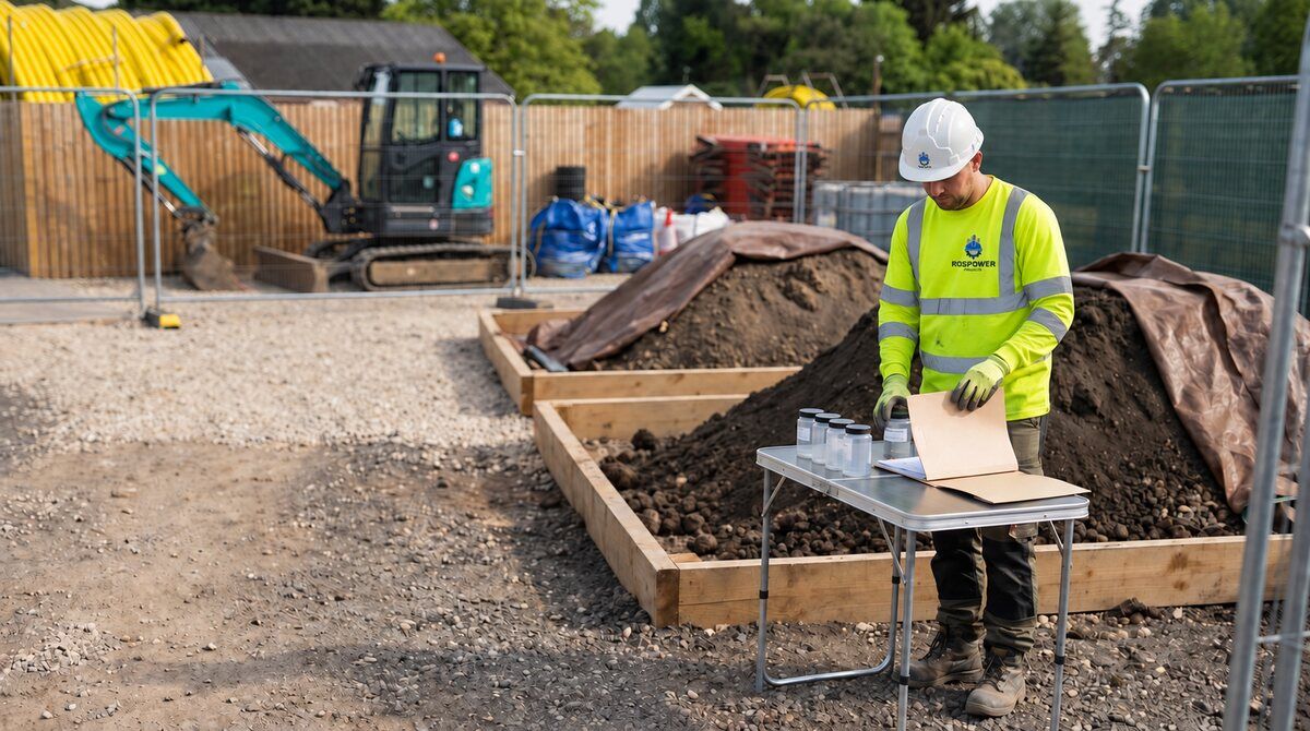 Waste technician inspecting sample containers beside segregated soil stockpiles at a UK construction site