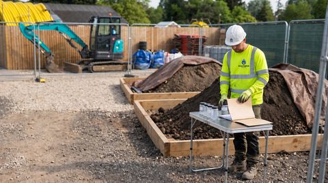 Waste technician inspecting sample containers beside segregated soil stockpiles at a UK construction site