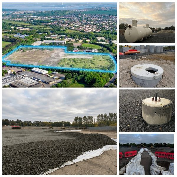 Copart Dunfermline operations centre civil engineering works, showing drainage installation, earthworks, and site infrastructure across the 26-acre development