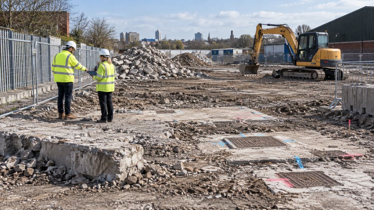 Engineers review exposed slab remnants and demolition debris beside a parked excavator