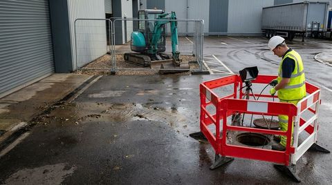 Drainage survey technician operating a CCTV camera at a protected chamber on a UK commercial estate