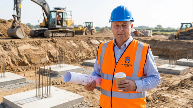 A construction site with a man wearing a blue hard hat and orange safety vest holding blueprints and a coffee cup, with workers and an excavator in the background.