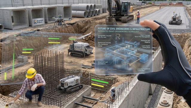 Construction site with workers and machinery using augmented reality to display digital blueprints and project data.