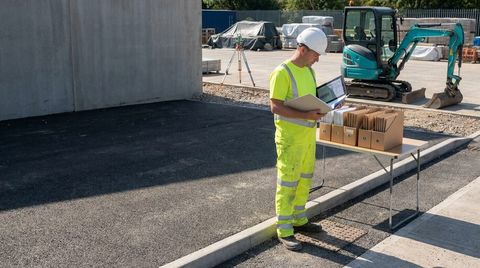 Site engineer checking groundworks handover records beside completed drainage and external works