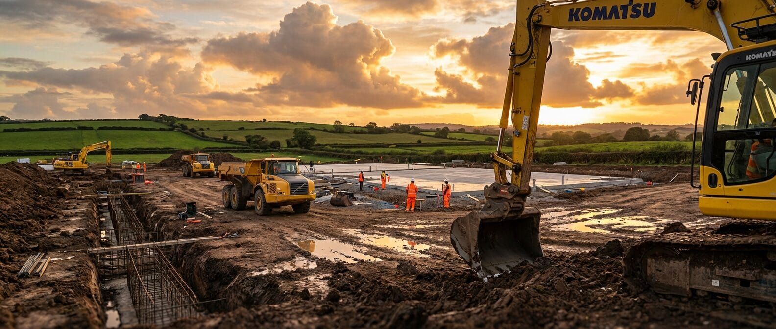 Civil engineering site with groundworks machinery and infrastructure
