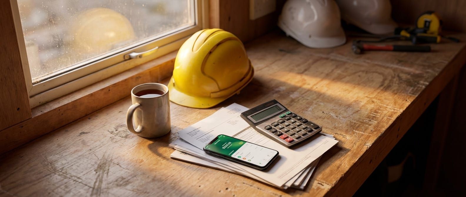 Calculator and pay documents on a construction site cabin desk