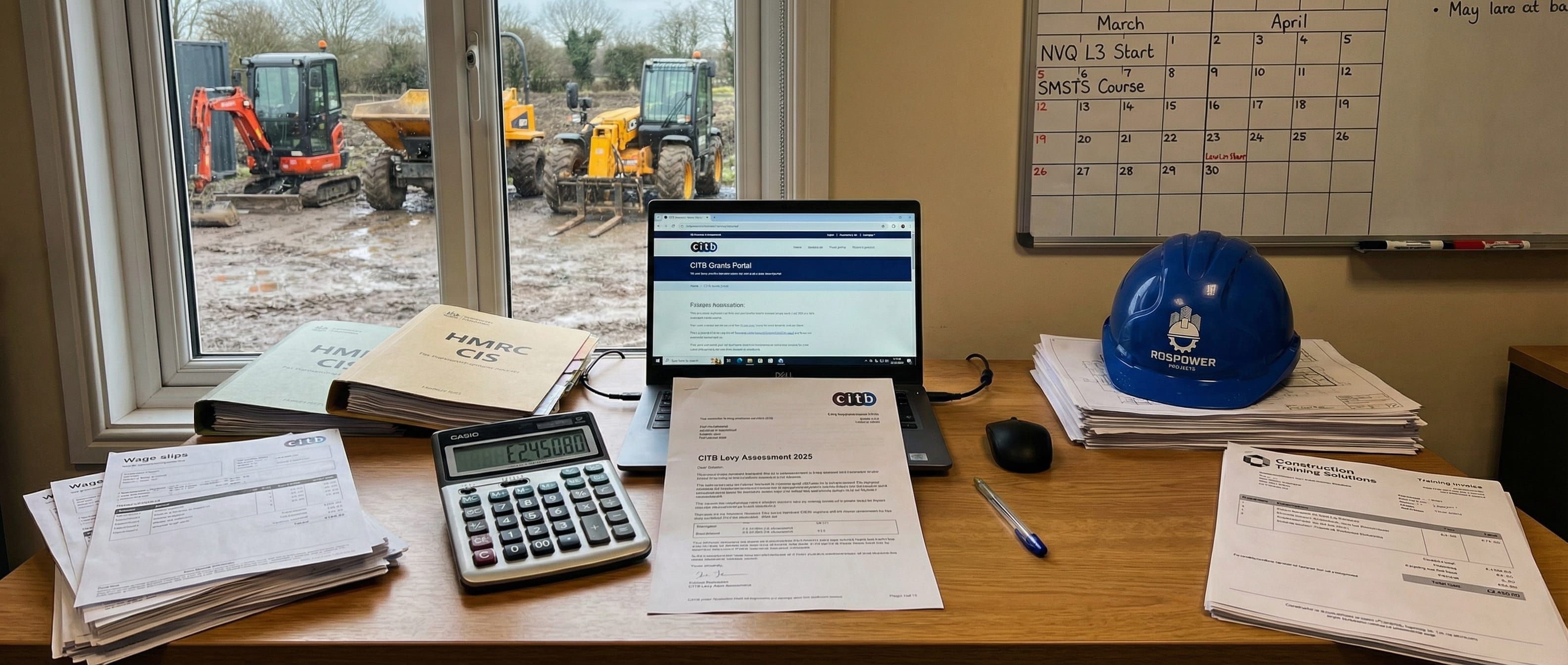 Contractor's desk with CITB levy letter, calculator, and laptop showing CITB grants portal