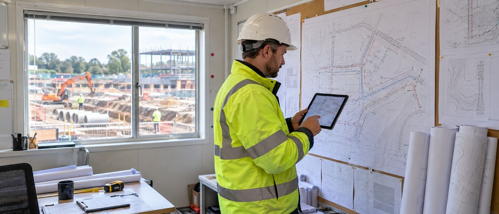 Site engineer compares a civils drawing on a tablet with issue drawings pinned inside a site cabin