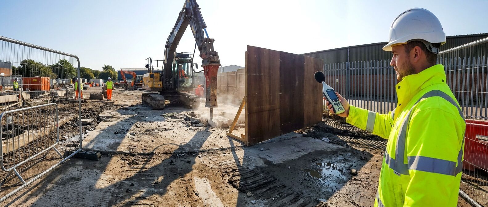 Site engineer measuring construction noise near an acoustic barrier and working excavator on a UK civil engineering site