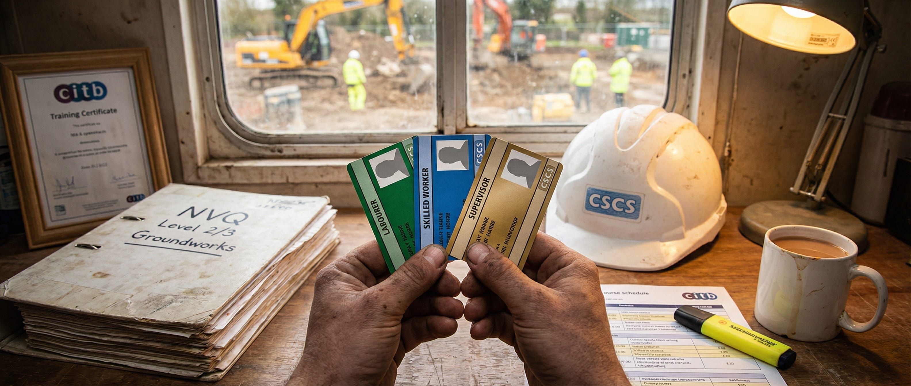 Groundworker holding CSCS cards in site cabin with NVQ folder and hard hat