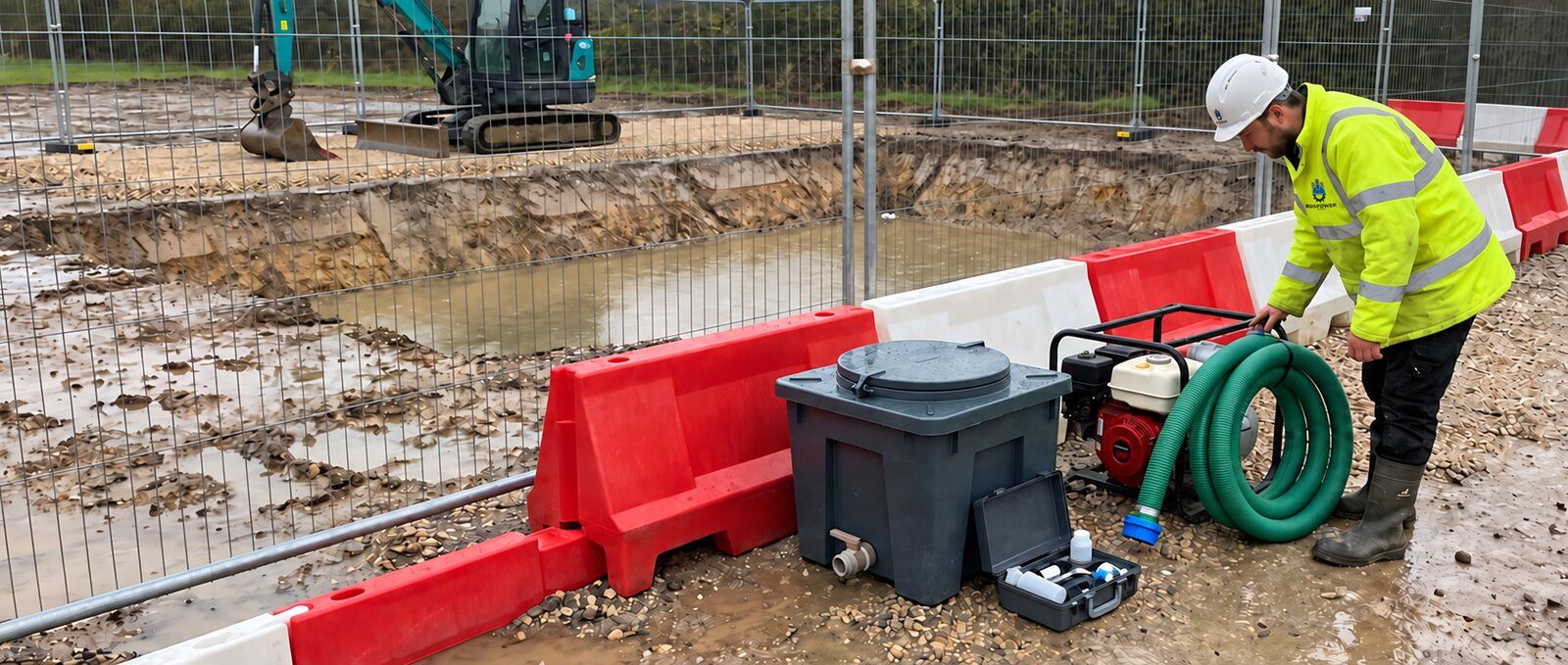 Switched-off pump with a capped hose beside a fenced temporary excavation in a UK civil engineering setting