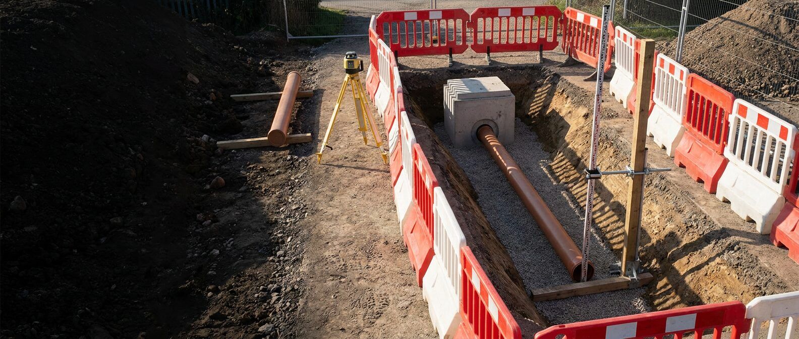 Laser and survey staff checking a drainage pipe invert inside a fully barriered empty trench