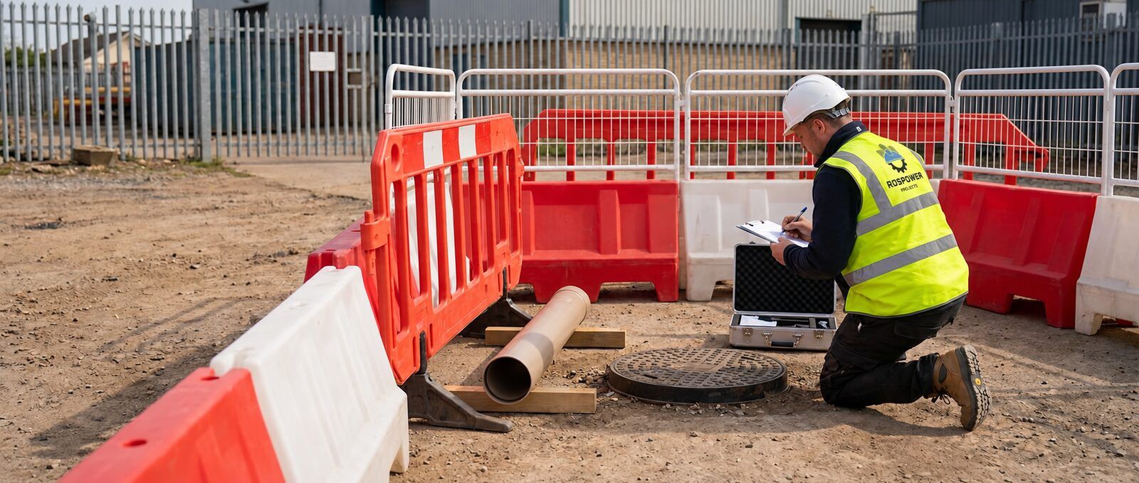 Drainage technician recording information beside a closed manhole cover in a segregated work area