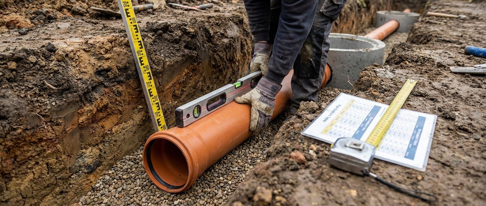 Drainage pipe being laid in trench with spirit level and measuring tape