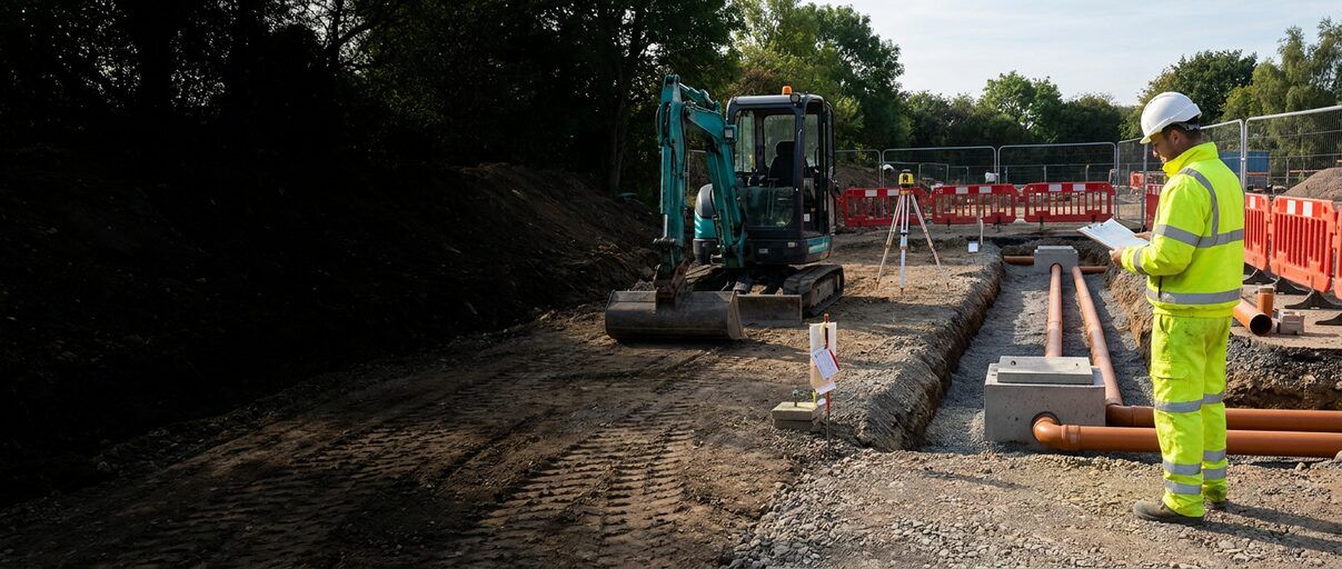Site engineer checking a groundworks inspection record beside drainage and pavement works