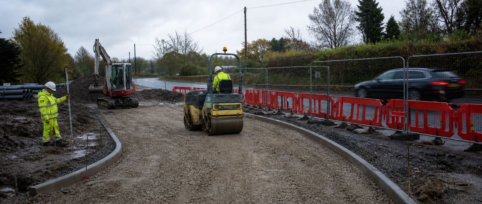 Engineer checking levels beside a roller compacting Type 1 within a barrier-separated bellmouth access