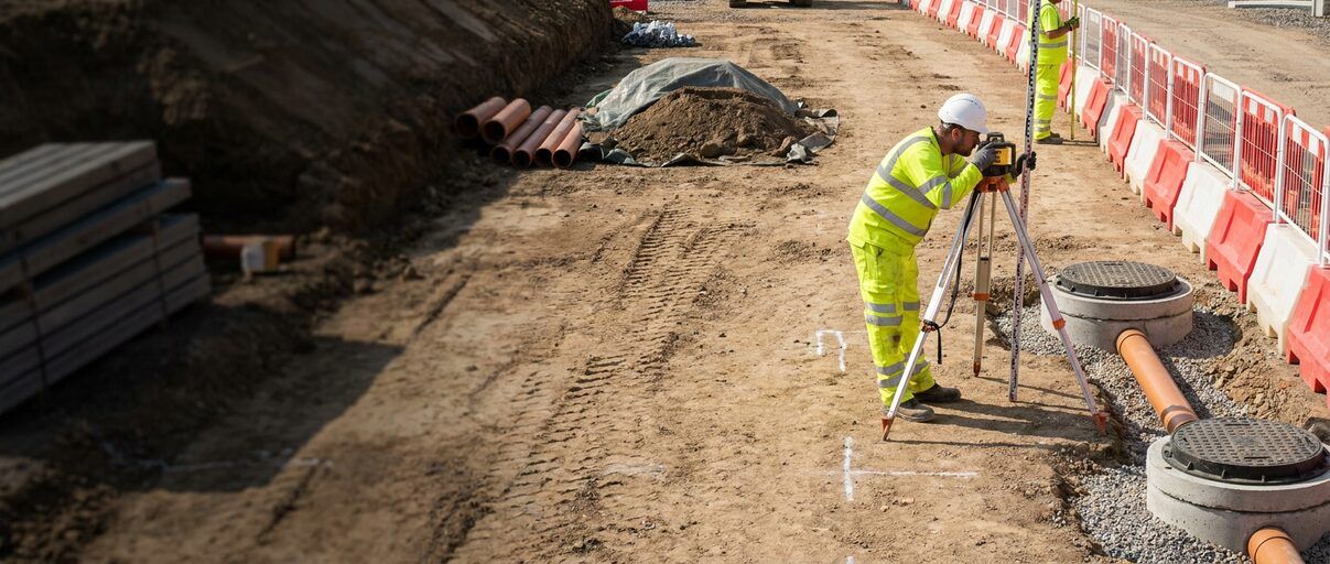 Drainage engineer checking chamber levels and a manhole schedule on a UK construction site