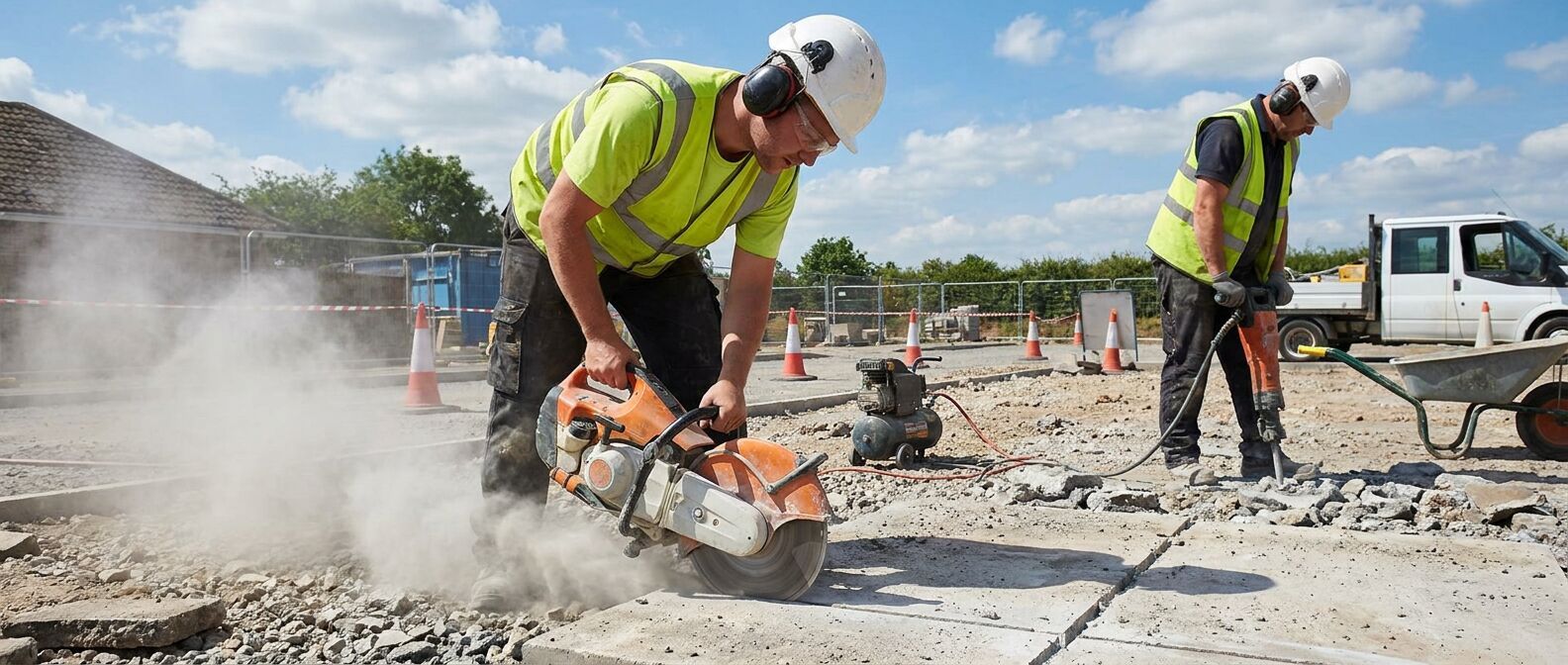 Two workers in lime hi-vis, white hard hats and ear defenders using a cut-off saw and a road breaker on a UK site
