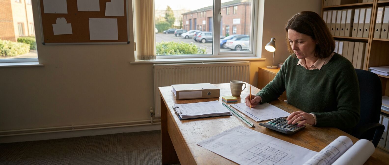 A commercial manager in lime hi-vis reviewing a construction valuation and payment diary at a site office desk