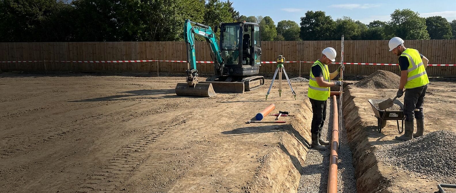 Groundworkers laying drainage pipe on granular bedding in a safely battered trench