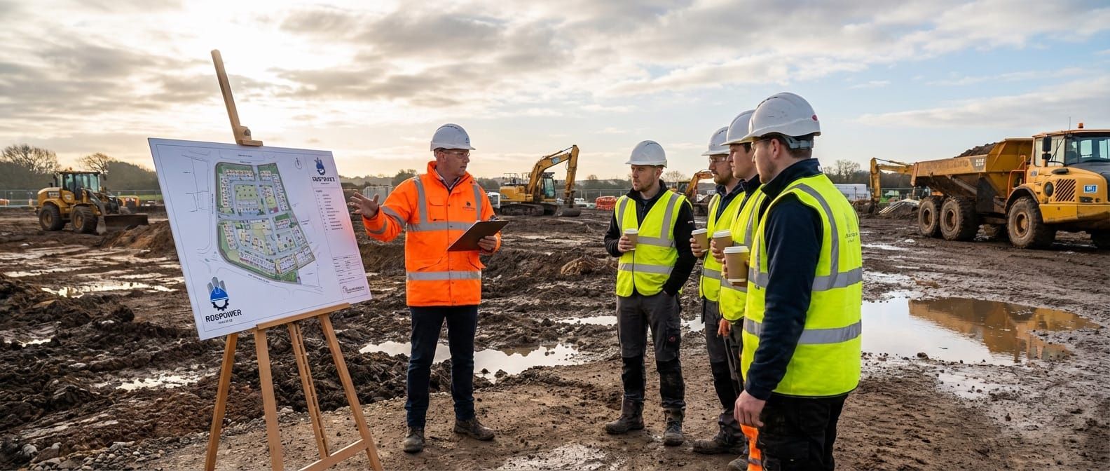 Construction site safety briefing with workers in PPE