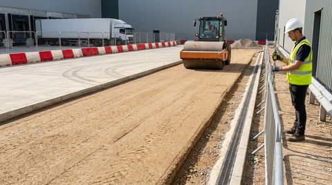 Roller compacting an HGV yard foundation while an engineer checks levels beside a warehouse