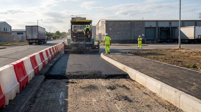 Asphalt paving beside completed kerbs in a segregated work lane at a UK warehouse estate