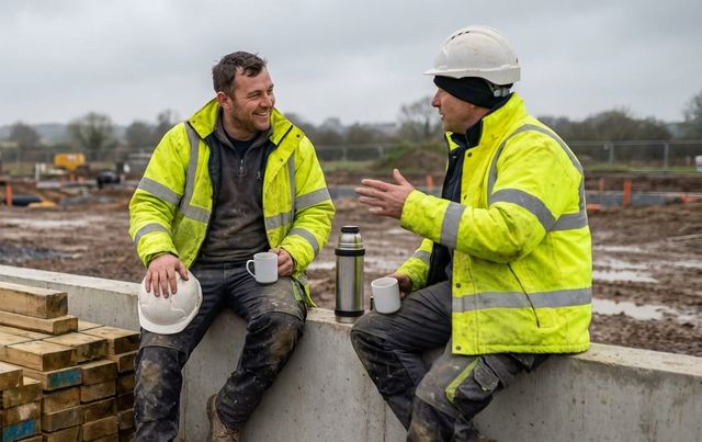 Construction workers having a tea break conversation on site