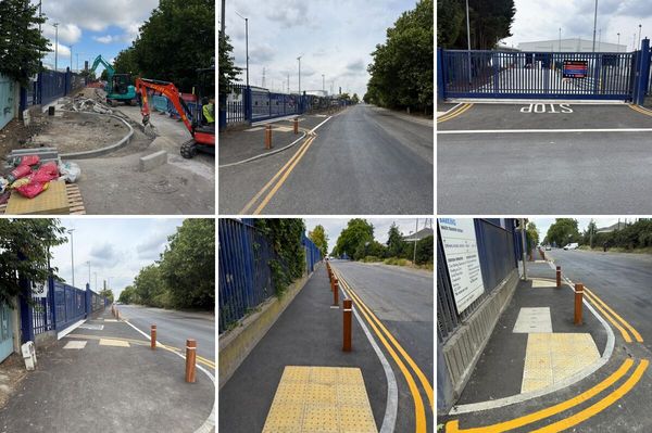 Collage of Section 278 works in Barking, showing kerb installation in progress and completed footways, carriageway and road markings