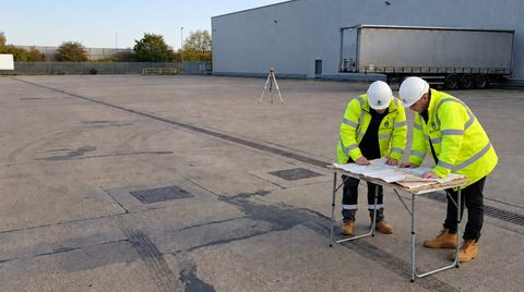 Two surveyors reviewing a plan on a closed asphalt service yard