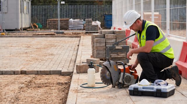 Worker kneeling beside a switched-off cut-off saw and water container before paving cuts begin at a UK site