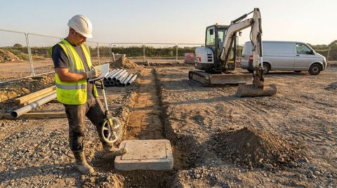 Groundworks foreman recording measurements beside a drainage chamber on a UK construction site, with a mini excavator parked behind