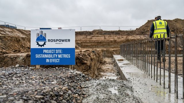 Construction site with a sign reading "ROSPOWER PROJECTS | Project Site | Sustainability Metrics in Effect," showing gravel, concrete foundation work, rebar, and a worker in a high-visibility vest and helmet walking nearby.