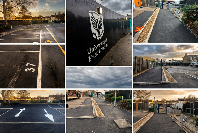 Completed surface car park in Stratford built by Rospower for UEL with marked parking bays and bollards