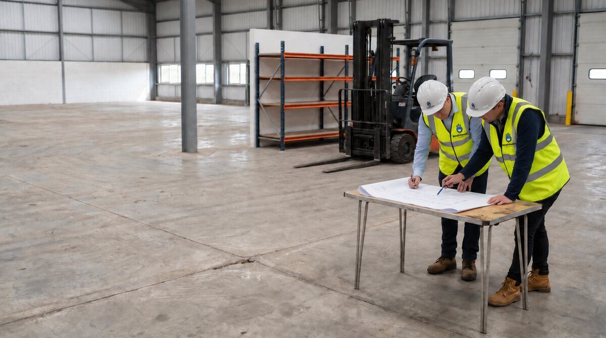 Two people reviewing a warehouse floor plan beside a parked forklift inside a UK unit