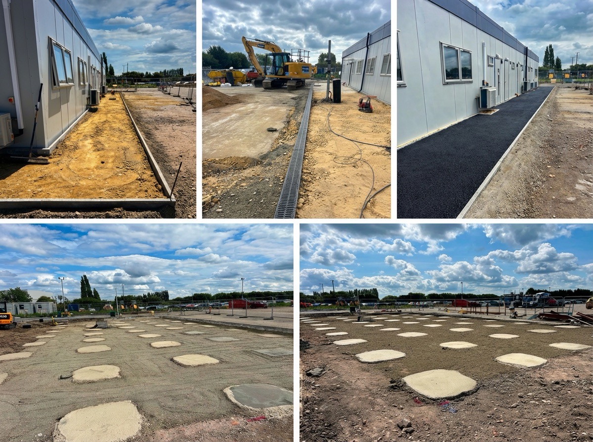 Copart Wisbech site development showing new modular office facility with freshly surfaced footway and external infrastructure